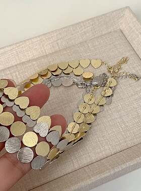 冷淡风拉丝金属爱心圆片项链手链女重工轻奢感个性颈链锁骨链