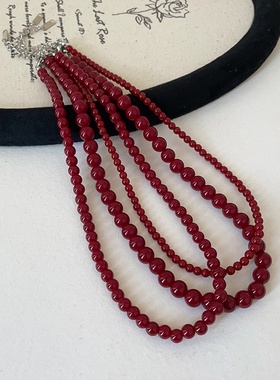 安可拉红色珍珠串珠项链女2024秋冬新款复古轻奢百搭颈链锁骨链