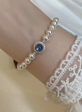 蓝色猫眼石珍珠手链女感小众设计复古个性简约百搭气质手饰