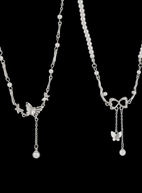 不规则金属蝴蝶结珍珠项链女设计感小众个性简约百搭颈链锁骨链
