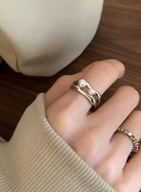 小众设计不规则金属珍珠开口戒指套装女复古个性简约百搭气质指环