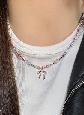 彩色水晶串珠蝴蝶结项链女小众设计感小清新锁骨链百搭气质颈链
