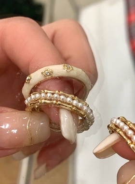 小众设计感滴油金属珍珠开口戒指女复古个性简约百搭气质指环戒子