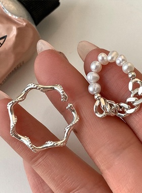 淡水珍珠链条金属戒指套装女小众复古个性简约百搭气质指环戒子