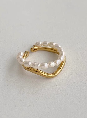 小众设计双层淡水珍珠金属戒指女韩国个性简约百搭气质时尚指环