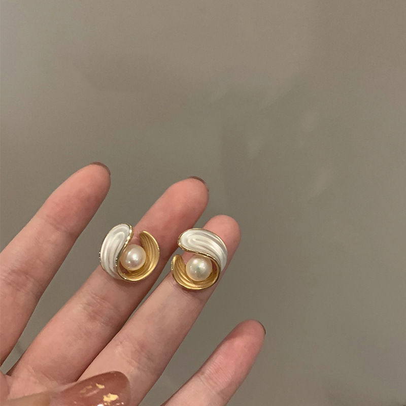 法式复古滴釉几何形珍珠耳钉小众设计感不规则耳环女925银针耳饰