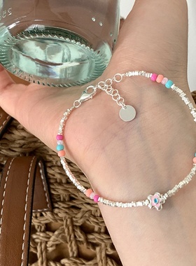 彩色串珠花朵碎银子金属手链女设计感小众个性简约百搭气质手饰