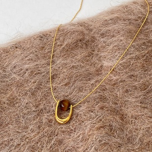 设计感u形虎眼石吊坠项链女复古个性 优雅轻奢百搭颈链毛衣链