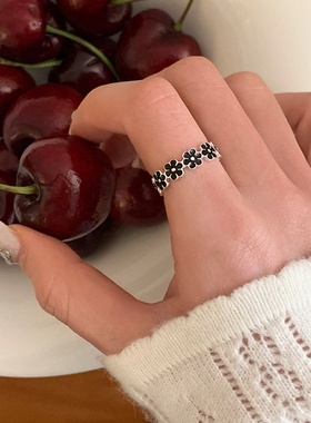 滴油黑色花朵开口戒指女小众独特个性精致时尚优雅百搭指环戒子