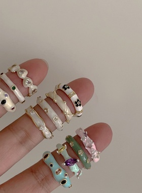 彩色锆石滴油金属开口戒指女设计感小众复古个性百搭时尚指环戒子