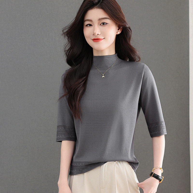 半高领七分袖针织衫女套头螺纹宽松显瘦内搭打底衫2026夏新款t恤