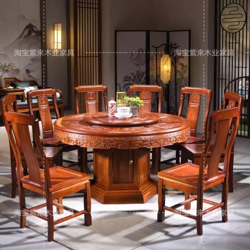 中式仿古雕花大圆桌金花梨木圆形餐桌家用带转盘实木饭桌椅组合