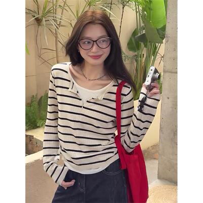 韩系撞色条纹长袖T恤女早