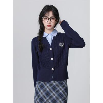 学院风宽松短款蓝色毛衣