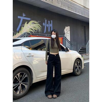 纯哥家黑色阔腿垂感牛仔