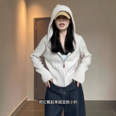 韩系设计感麻花连帽针织