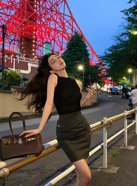 ACHI大也池灰色高腰西装半身裙女高智风修身弹力包臀短裙a字裙子