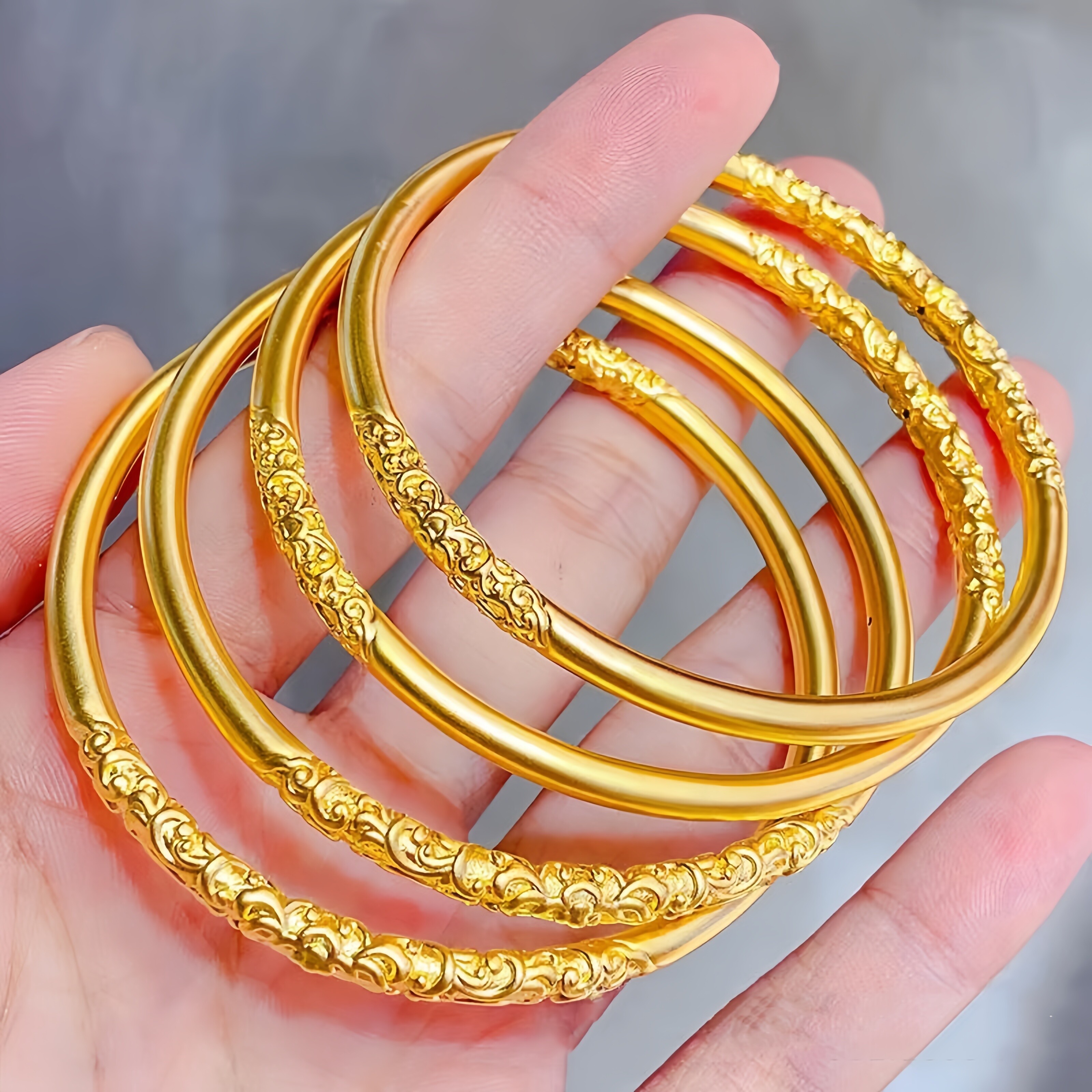 黄金包银古法传承紫荆花卷草纹手镯女实心闭口爆款镯子情人节礼物