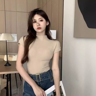 奧特萊斯清倉撿漏純欲風半高領短袖 修身 顯瘦打底衫 T恤女2024夏季