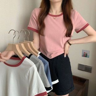 短款 奧特萊斯清倉撿漏2022年新款 學生上衣潮撞 修身 韓版 夏季 打底衫