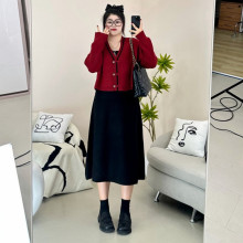 奥特莱斯清仓捡漏大码春秋搭配一整套针织开衫上衣裙子两件套女遮