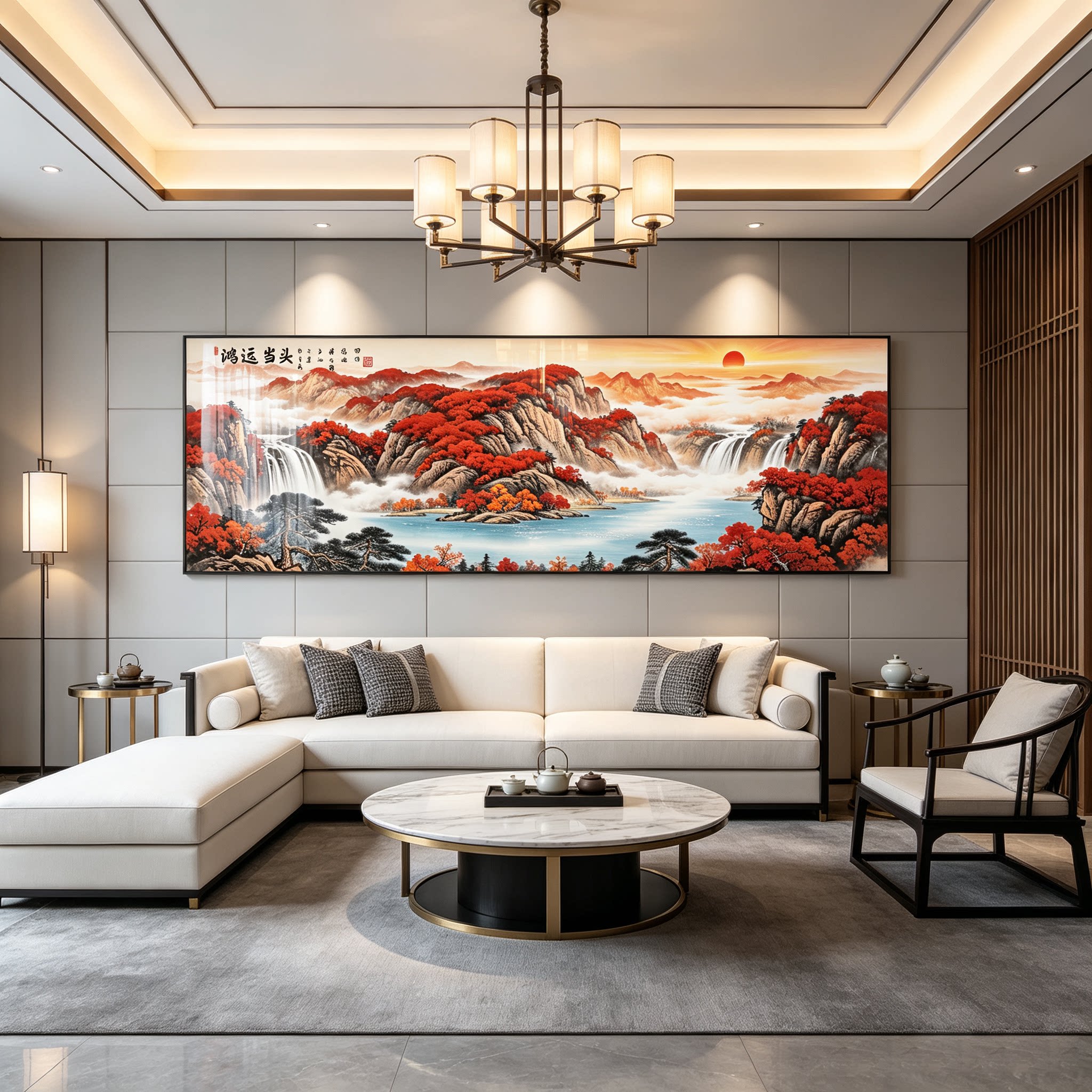 新中式客厅沙发背景墙装饰画新款山水风景靠山国画办公室高级壁画