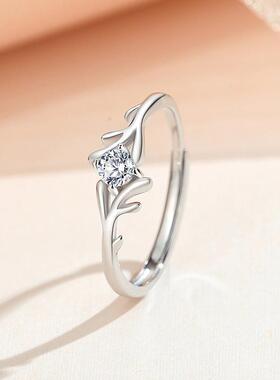 新年系列时光鹿角戒指925纯银森系时尚通勤百搭白金色指环锆石女