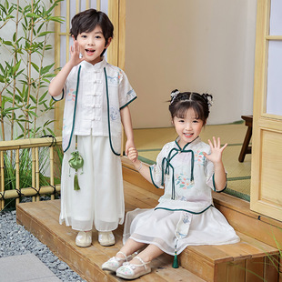 夏季 女童改良古装 薄款 男童中国风唐装 六一表演服 短袖 儿童汉服套装