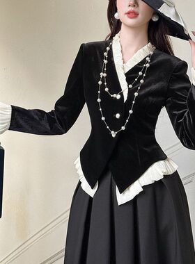 秋冬法式丝绒上衣女收腰显瘦撞色拼接名媛风复古修身外套35239