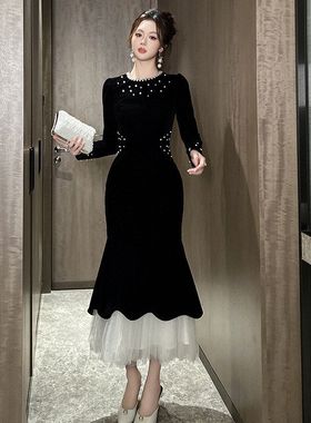 2025秋装新款女装法式钉珠圆领修身不规则鱼尾丝绒连衣裙21630