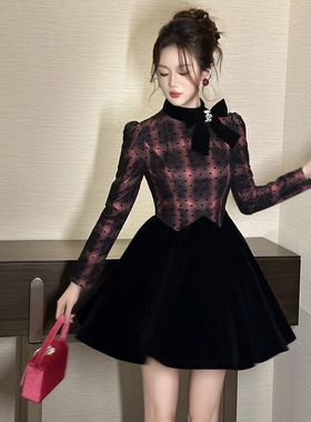 2025秋装新款女装法式气质蝴蝶结减龄收腰格纹蓬蓬连衣裙21615