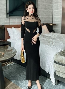 2025秋冬新款女法式纯欲风性感网纱拼接收腰长款鱼尾连衣裙20759