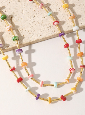 GARY工作室日韩小众设计小清新贝壳串珠双层叠戴项链彩色波西米亚