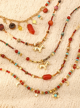 2026红色新年系列马上有财锁骨链天然石串珠项链小众设计感毛衣链