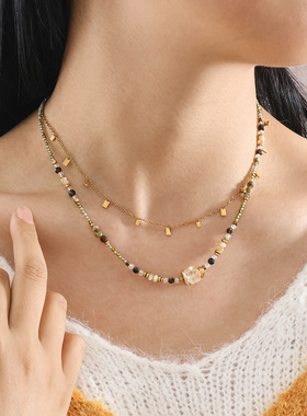 推荐绿色项链手工串珠钛钢颈链女轻奢百搭配饰感小众锁骨链