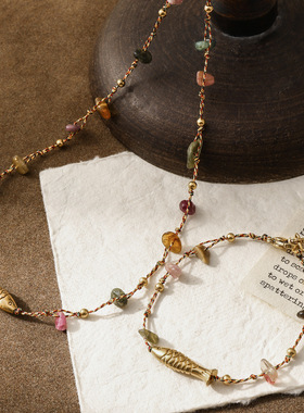 财富有余~新中式复古彩色碧玺手工编织项链不掉色锦鲤手链套装女