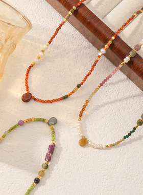 波西米亚风多彩天然石碧玺串珠项链小众设计感复古百搭个性锁骨