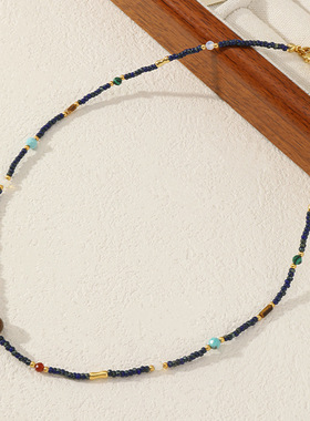 深海回忆 天然石串珠项链女小众设计蓝色进口米珠复古显白锁骨链