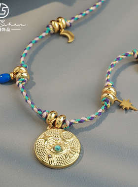 新中式复古彩色编织颈链波西米亚风圆形吊坠项链18K真金锁骨链
