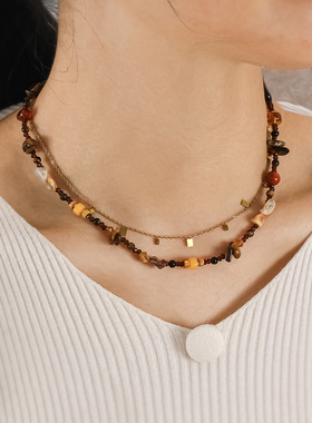 推荐百搭虎眼石串珠玻璃珠美拉德项链锁骨链创意感拼接秋冬毛衣链