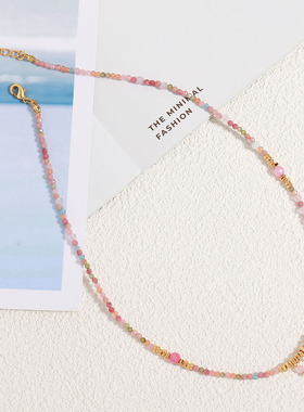 新款混色天然红纹石手工串珠项链小众设计感波西米亚度假风锁骨链