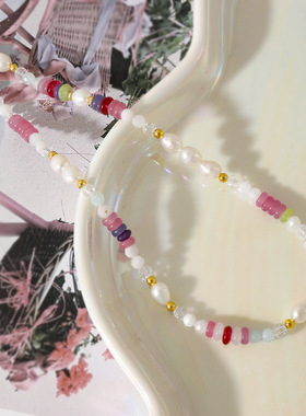 日韩小众新款潮清新多彩天然石项链天然珍珠百搭锁骨链不锈钢颈链