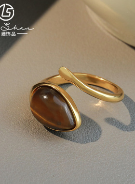 法式复古天然虎眼石开口戒指小众设计高级感琥珀色轻奢气质指环