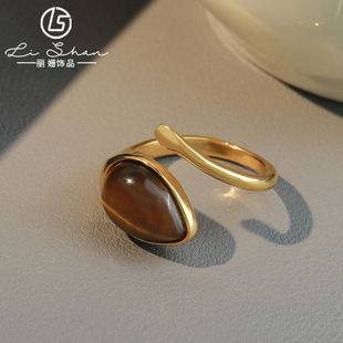 法式 复古天然虎眼石开口戒指小众设计高级感琥珀色轻奢气质指环