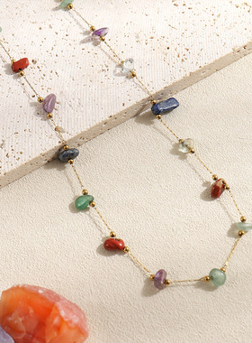 夏季极细多巴胺感气质百搭锁骨链饰品小众设计彩色天然石项链