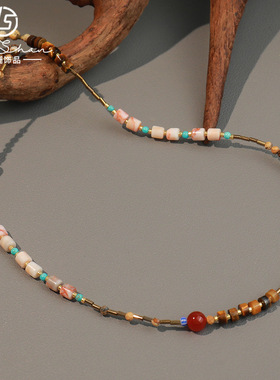 欧美跨境彩色天然石捷克珠手工串珠项链中国风黑胆石不锈钢锁骨链