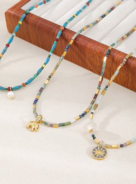 波西米亚天然松石串珠设计感项链月牙淡水珍珠吊坠钛钢镀金锁骨