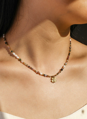 幸运四叶草多巴胺彩色碧玺串珠项链复古镀18K金吊坠珍珠锁骨链女