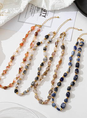 跨境小众设计彩色不规则天然石锁骨链欧美复古串珠项链项饰女