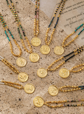 跨境十二星座欧美时尚气质彩色天然石串珠项链男女小众锁骨链义乌